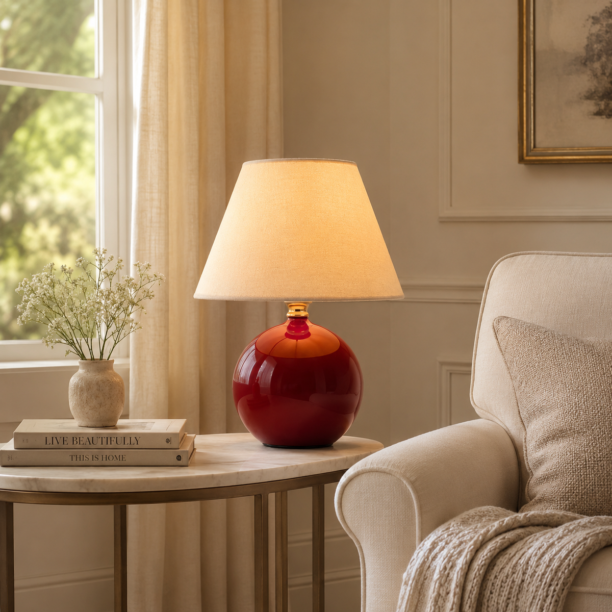 Arlette Bedside Table Lamp on a side table in a living room