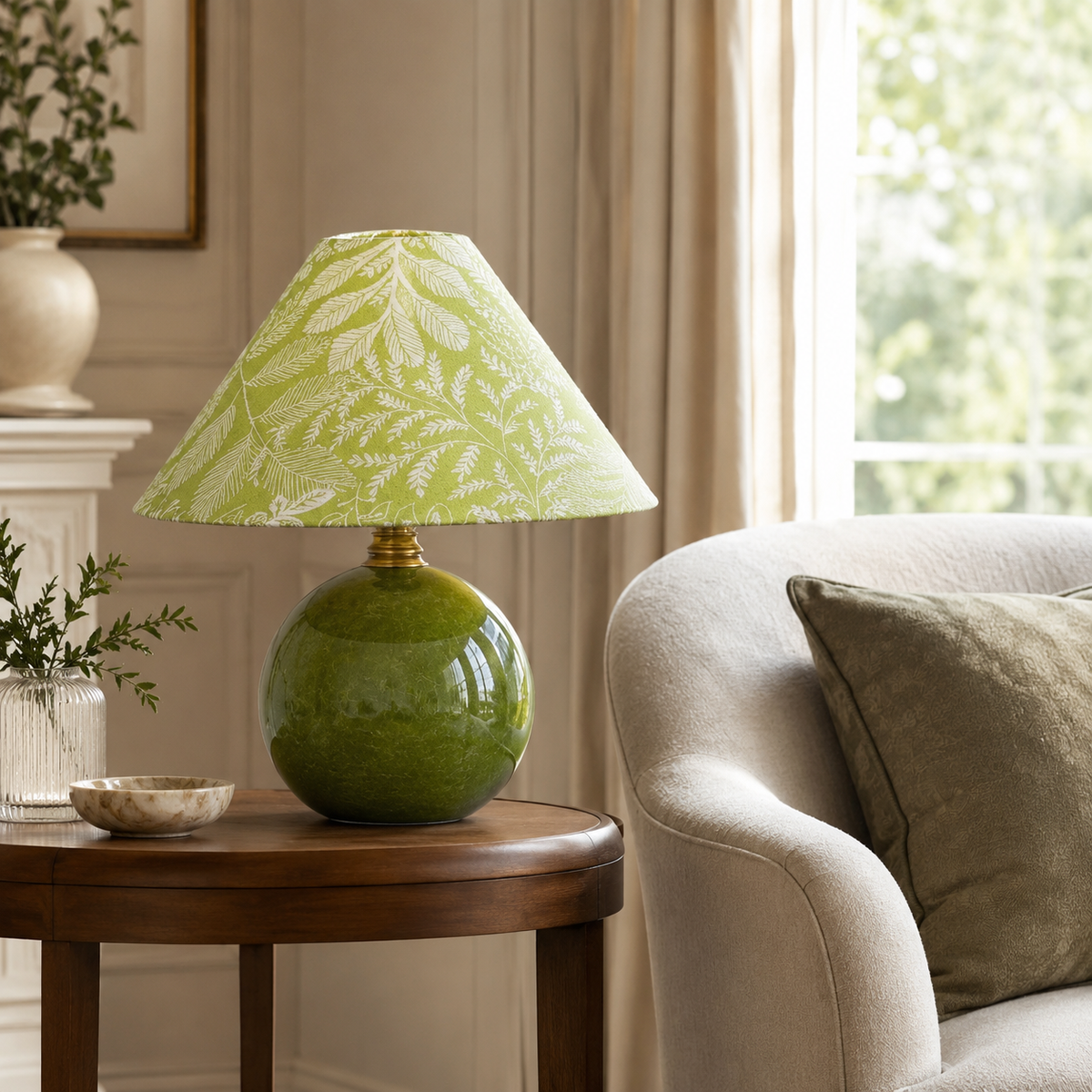 Kaia Bedside Table Lamp on a side table in a living room