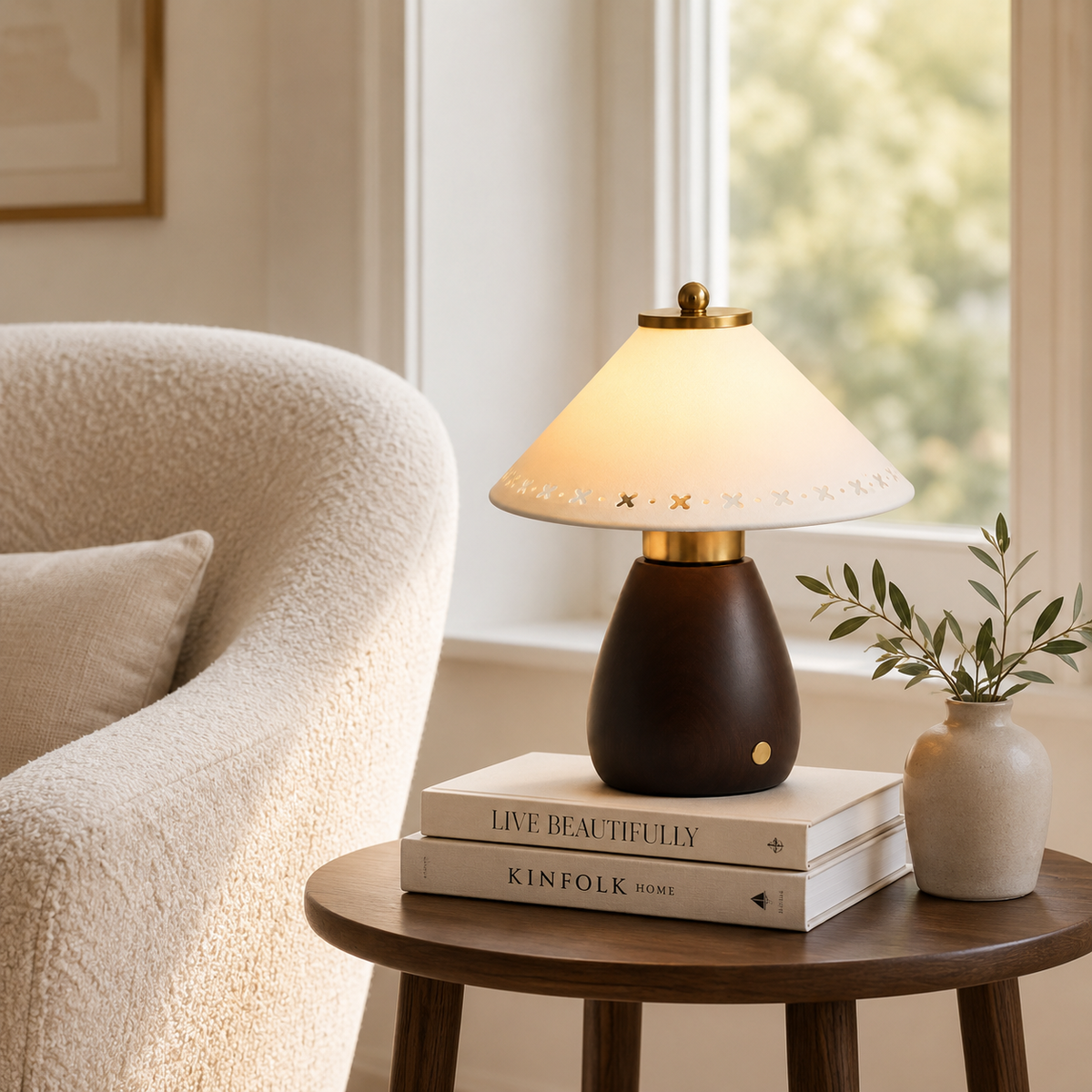 Faye Bedside Table Lamp on a side table in a living room