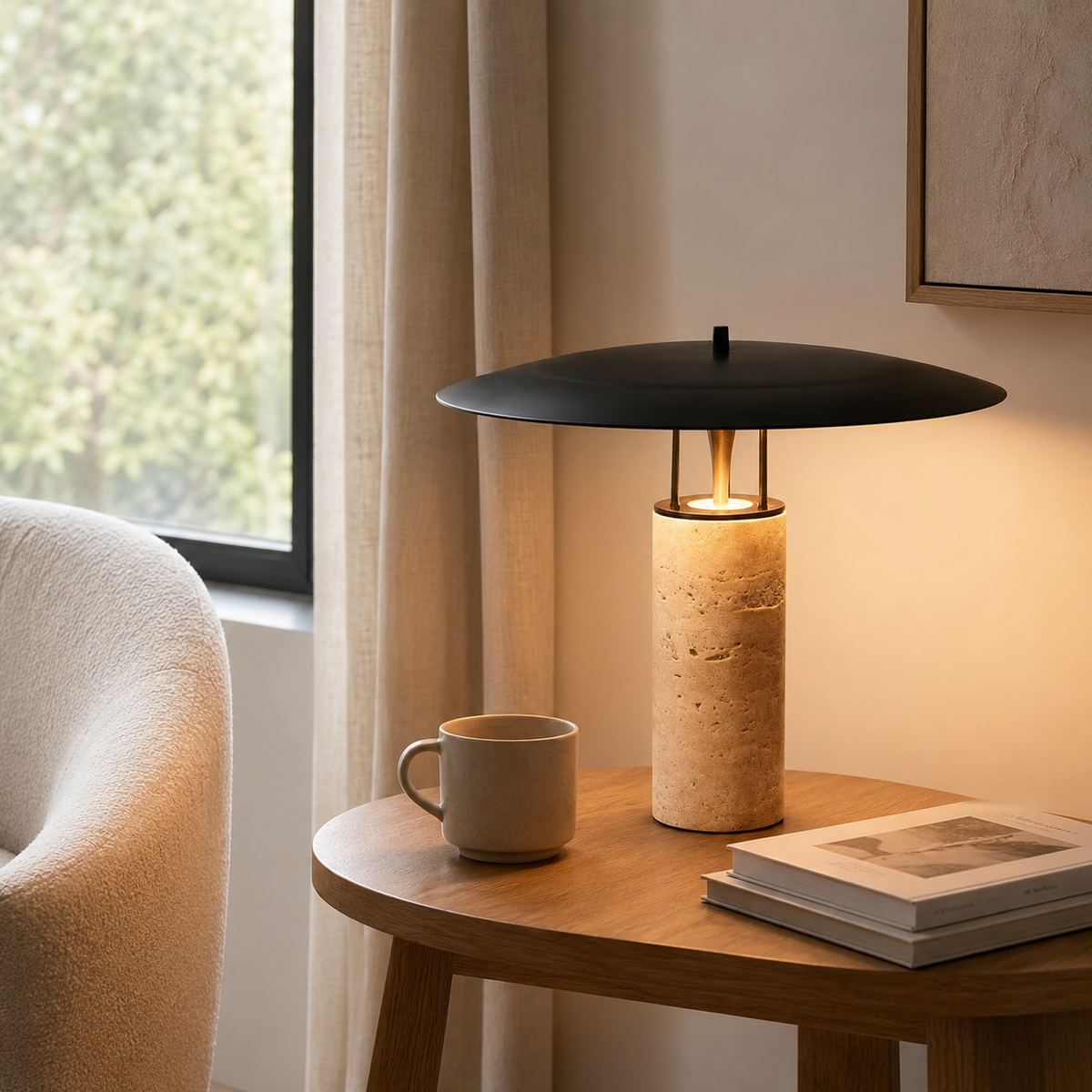 Daphne Sculptural Table Lamp on a side table in a living room