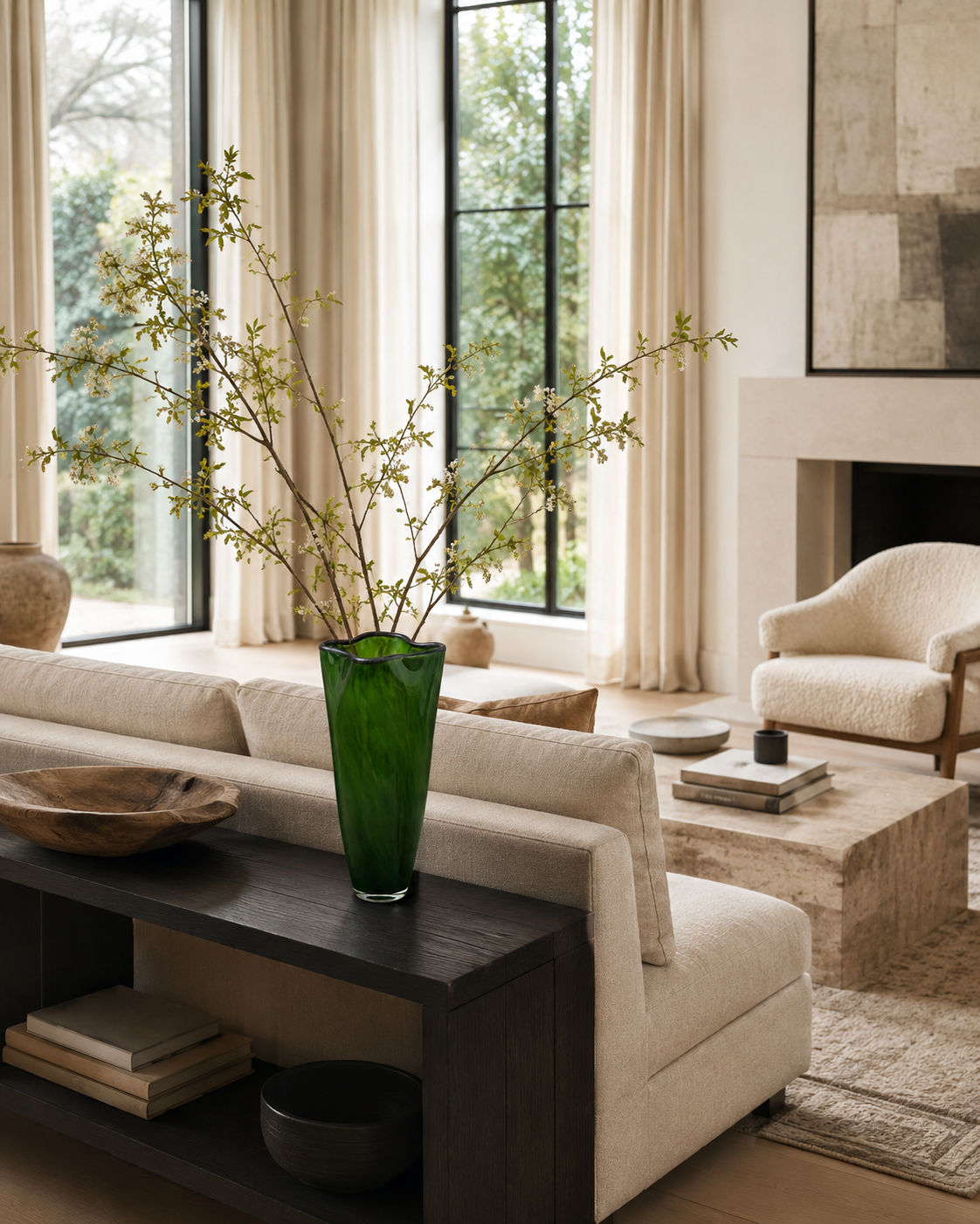 Nela Emerald Vase on a coffee table in a living room