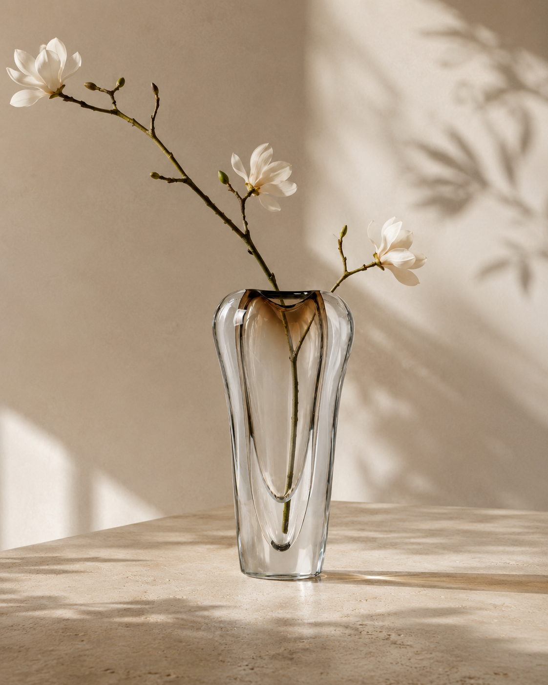 Nela Halo Vase with stems on a tabletop