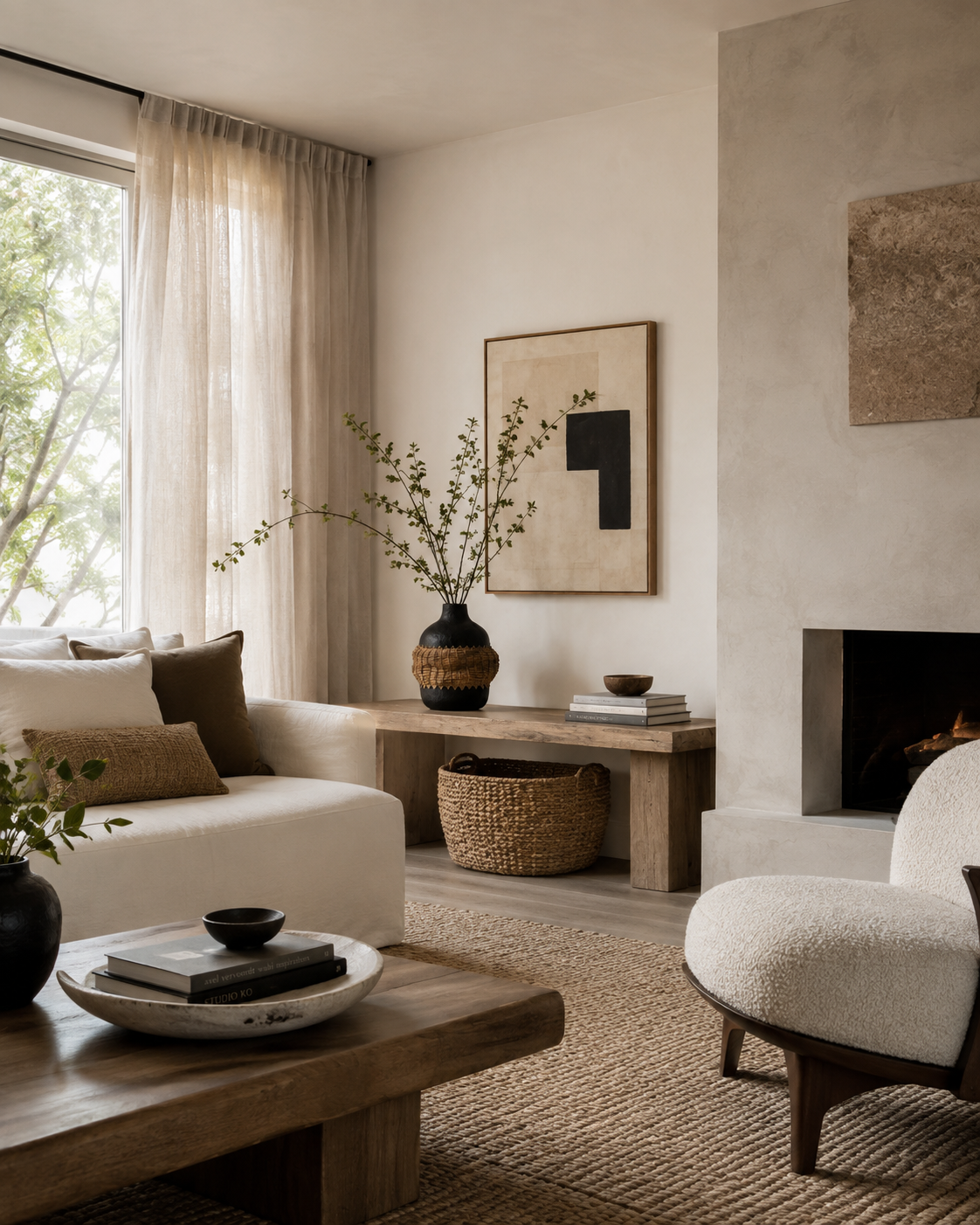Luna Woven Vase on a coffee table in a living room