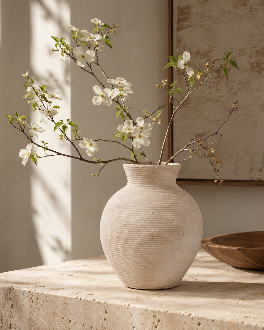 Sora Dune Vase with stems on a tabletop