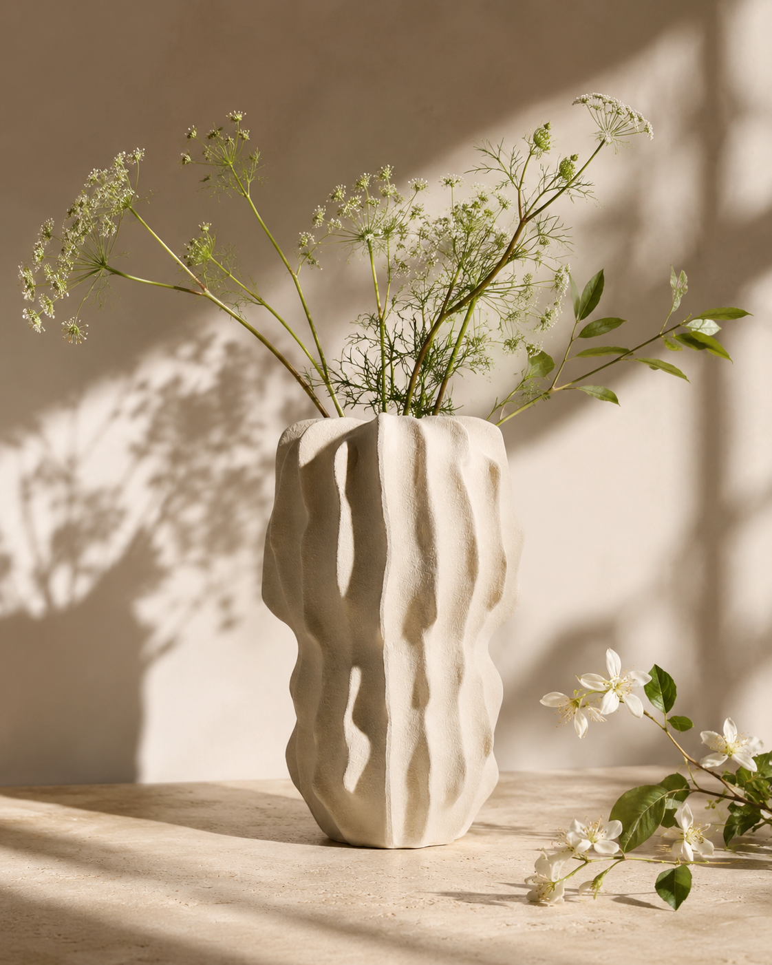Sora Fold Vase with stems on a tabletop