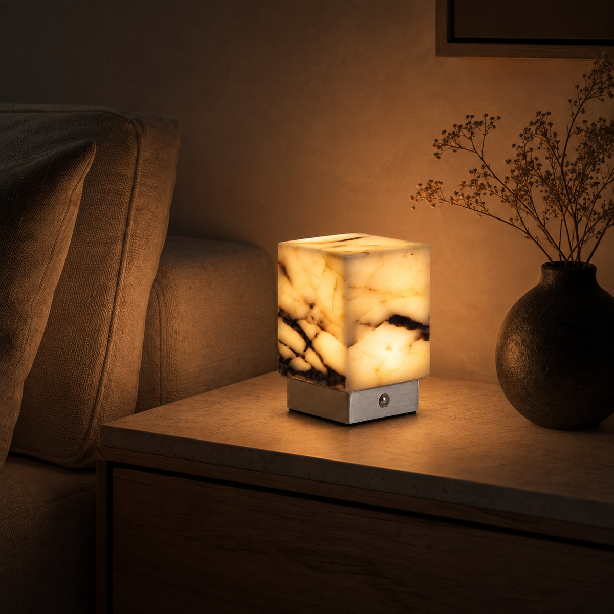 Amara Sculptural Table Lamp glowing in an evening interior
