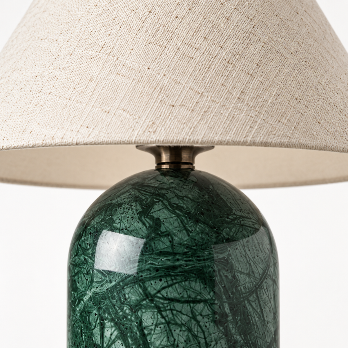Astra Travertine Table Lamp shade and rounded green base junction