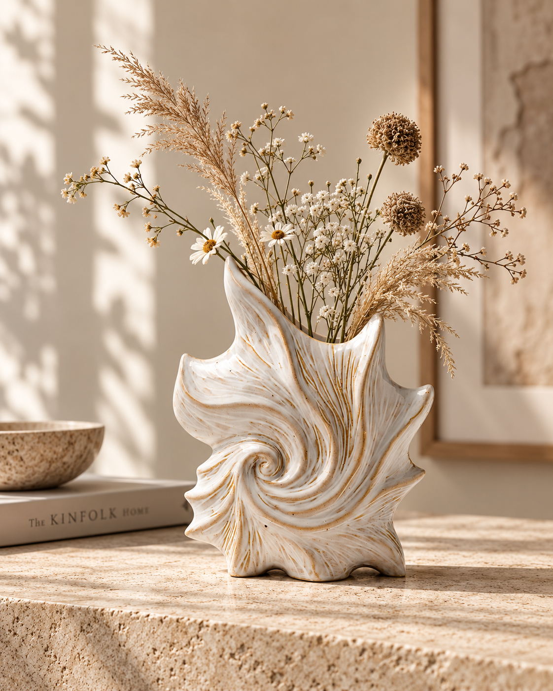Yara Spiral Vase with stems on a tabletop