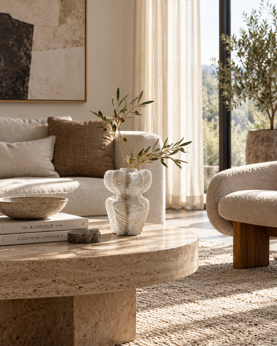 Nia Contour Vase on a coffee table in a living room