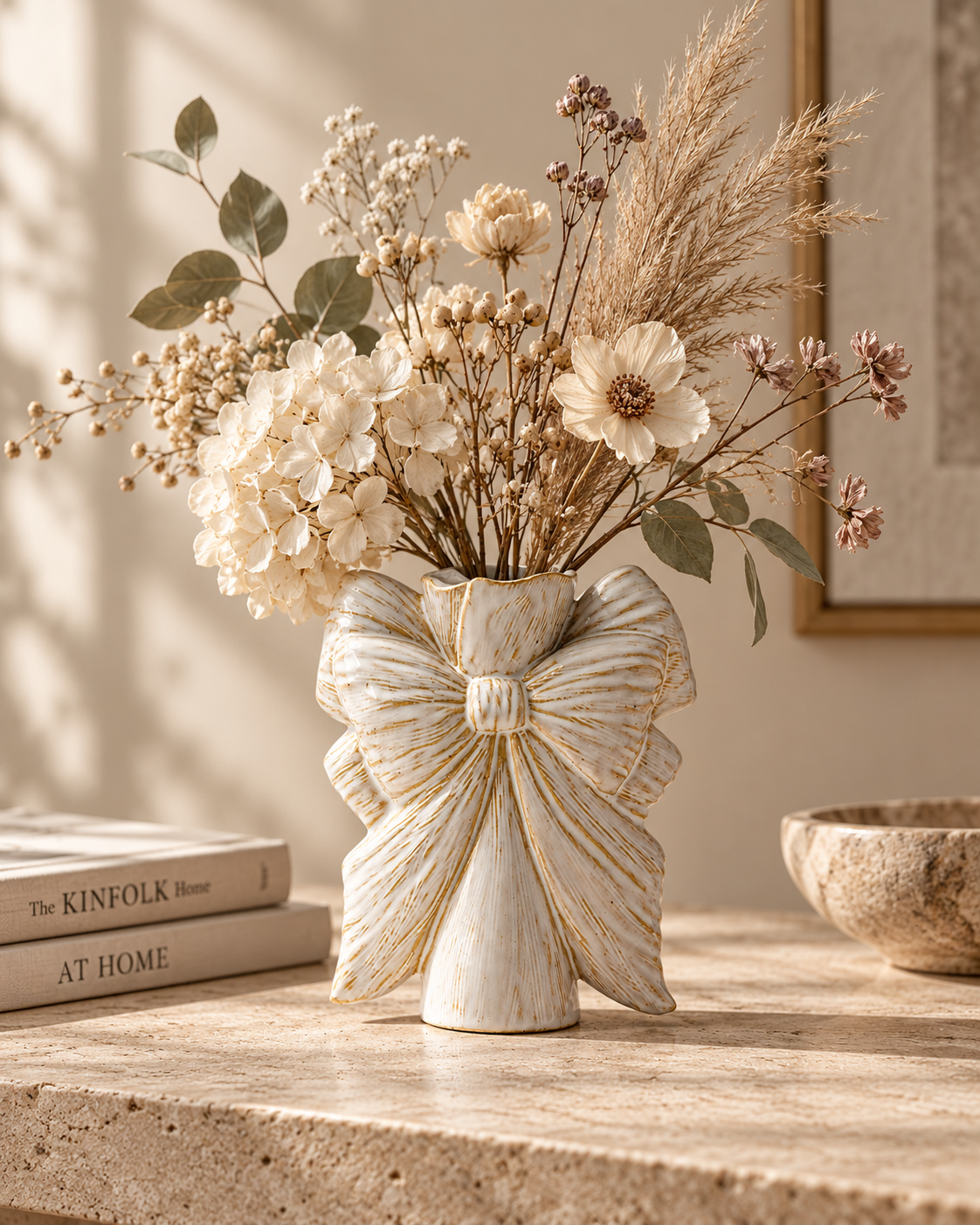 Iris Bow Vase with stems on a tabletop