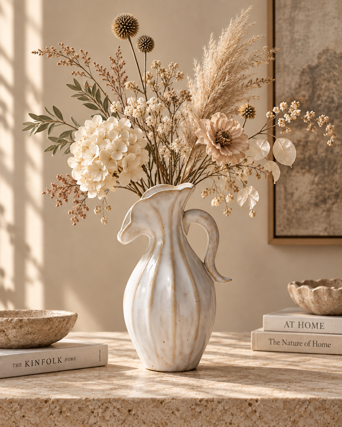 Dara Curl Vase with stems on a tabletop