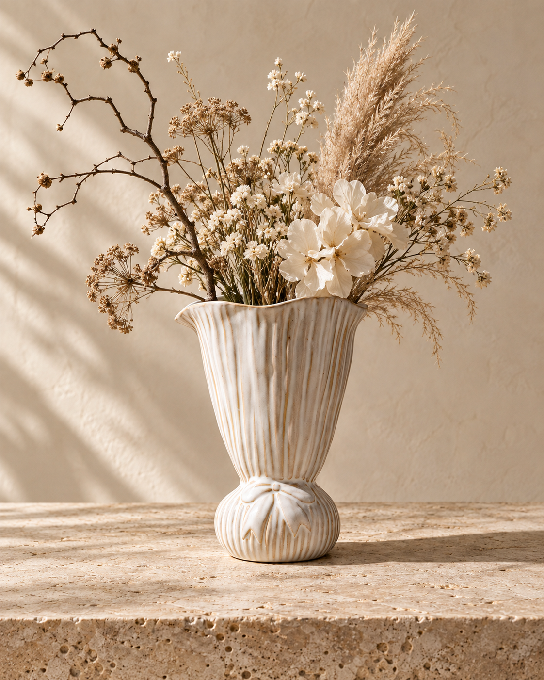 Eden Bow Vase with stems on a tabletop
