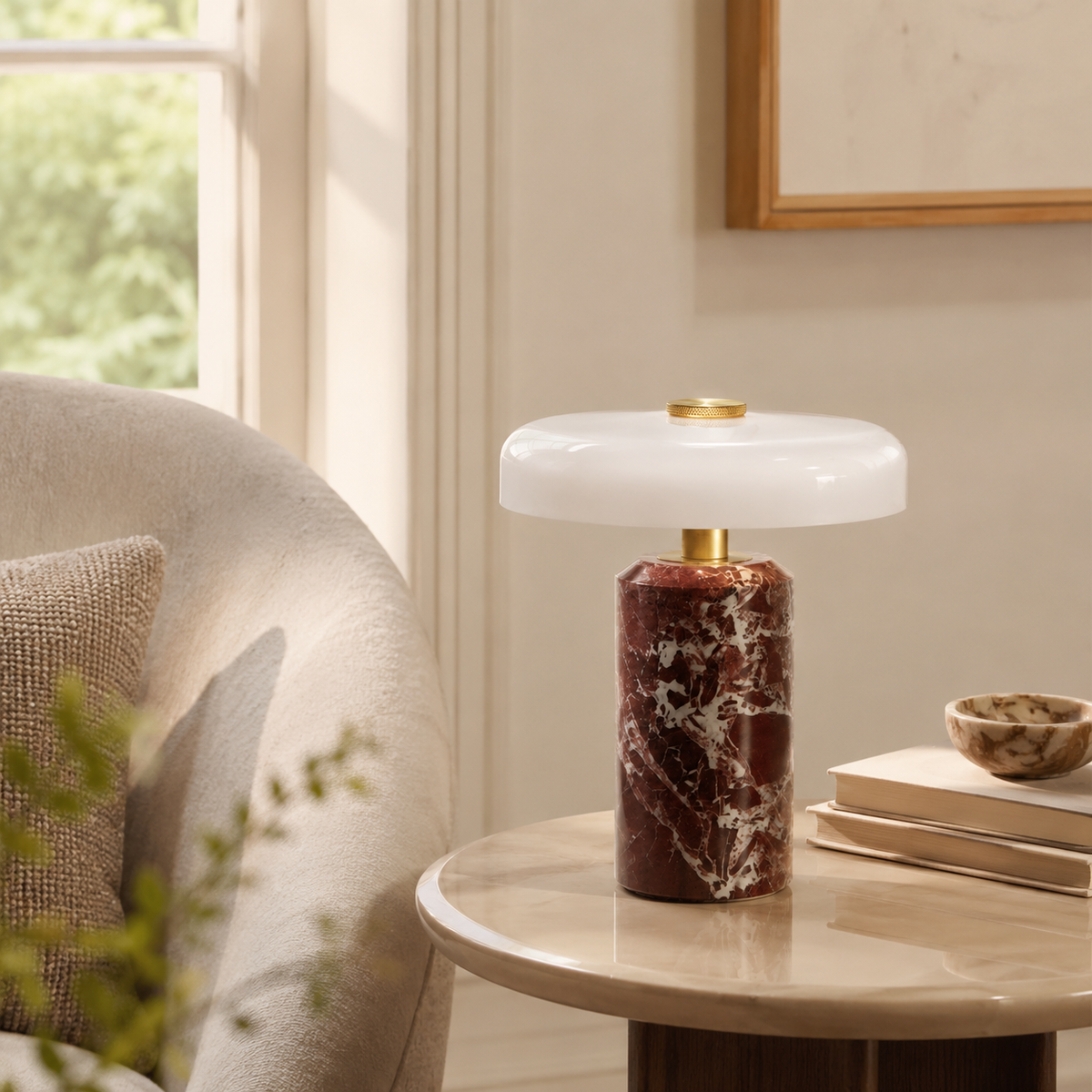 Eloise Sculptural Table Lamp on a side table in a living room