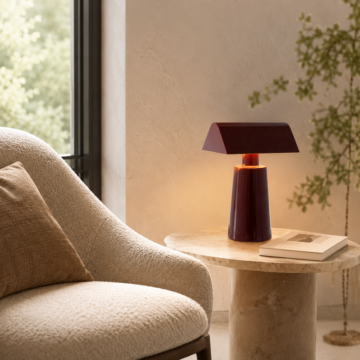 Yara Sculptural Table Lamp on a side table in a living room