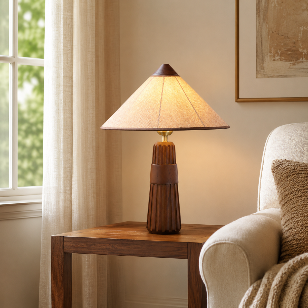 Camille Bedside Table Lamp on a side table in a living room