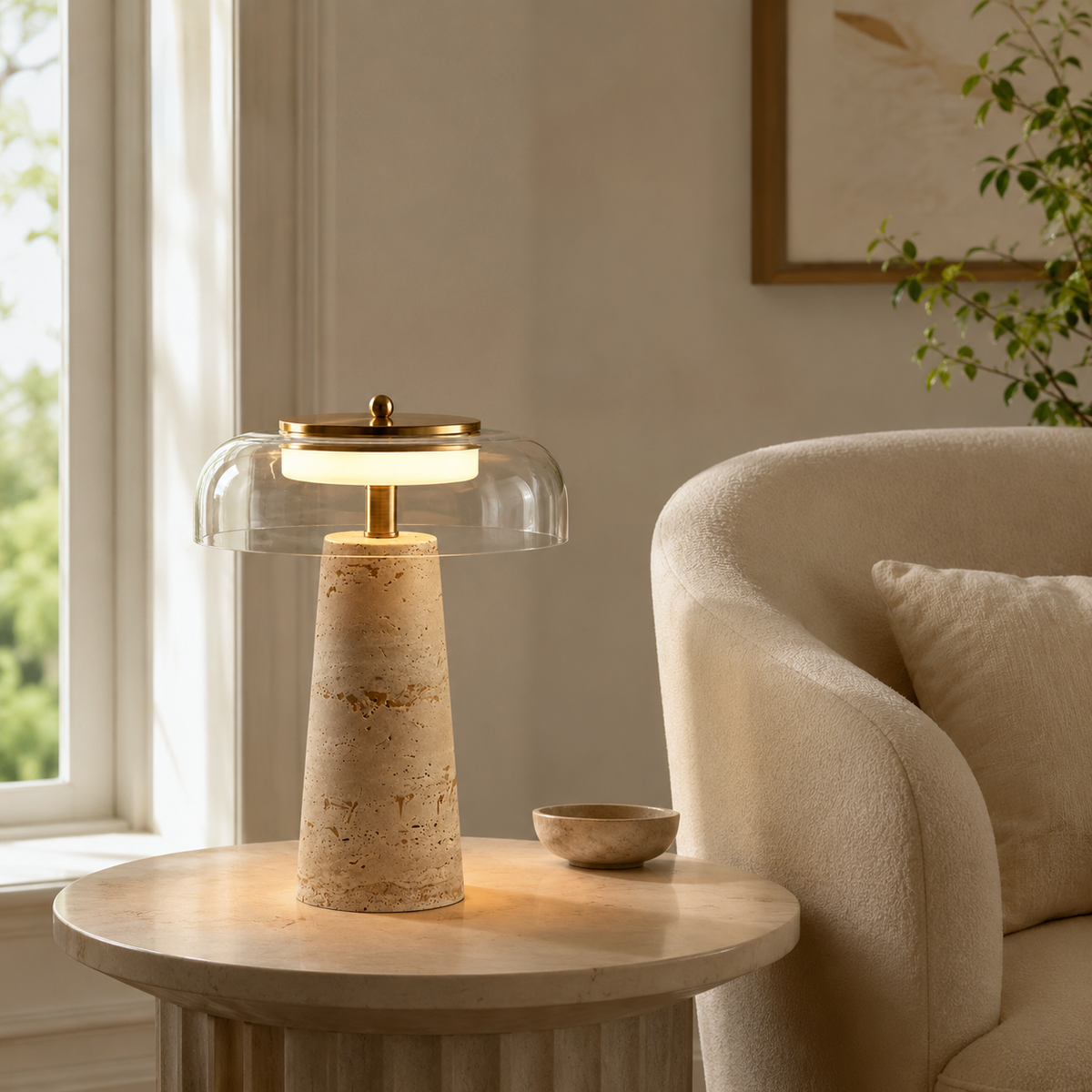 Veda Sculptural Table Lamp on a side table in a living room