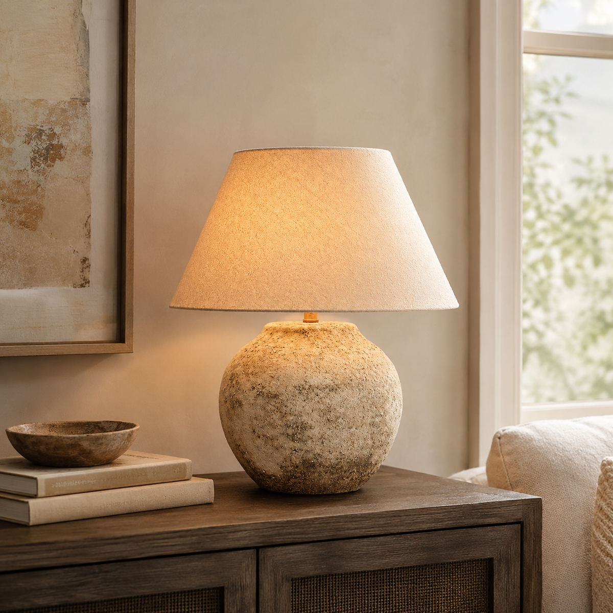Colette Bedside Table Lamp on a side table in a living room