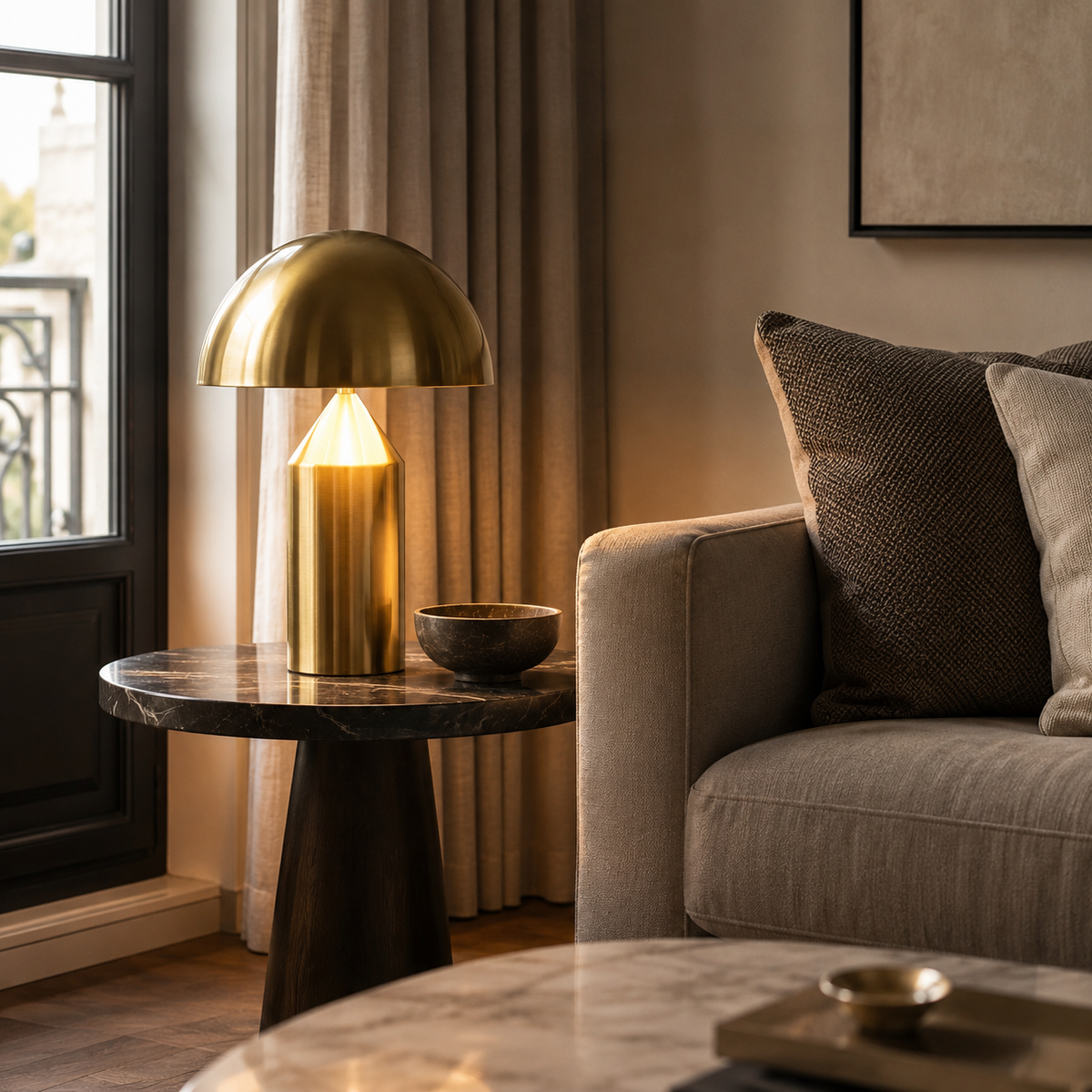 Nora Sculptural Table Lamp on a side table in a living room