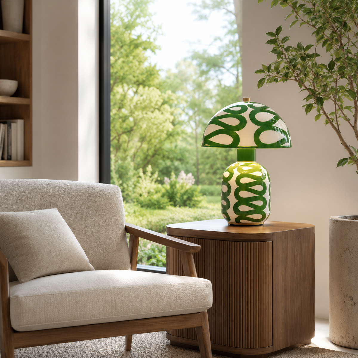 Sylvie Sculptural Table Lamp on a side table in a living room
