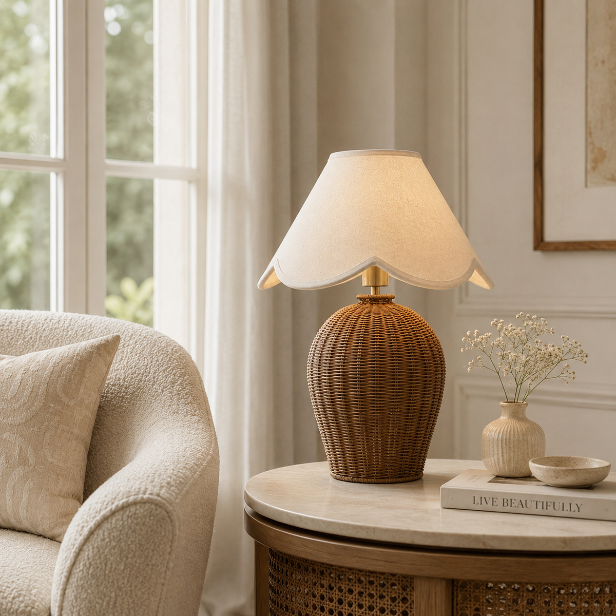 Margot Bedside Table Lamp on a side table in a living room