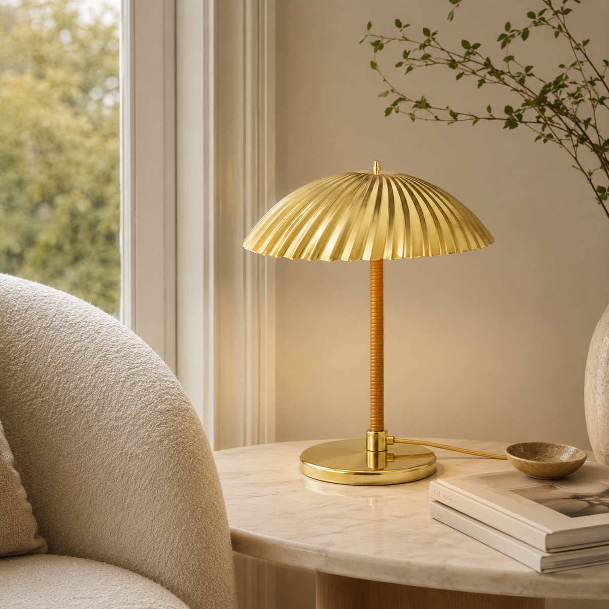 Solene Bedside Table Lamp on a side table in a living room