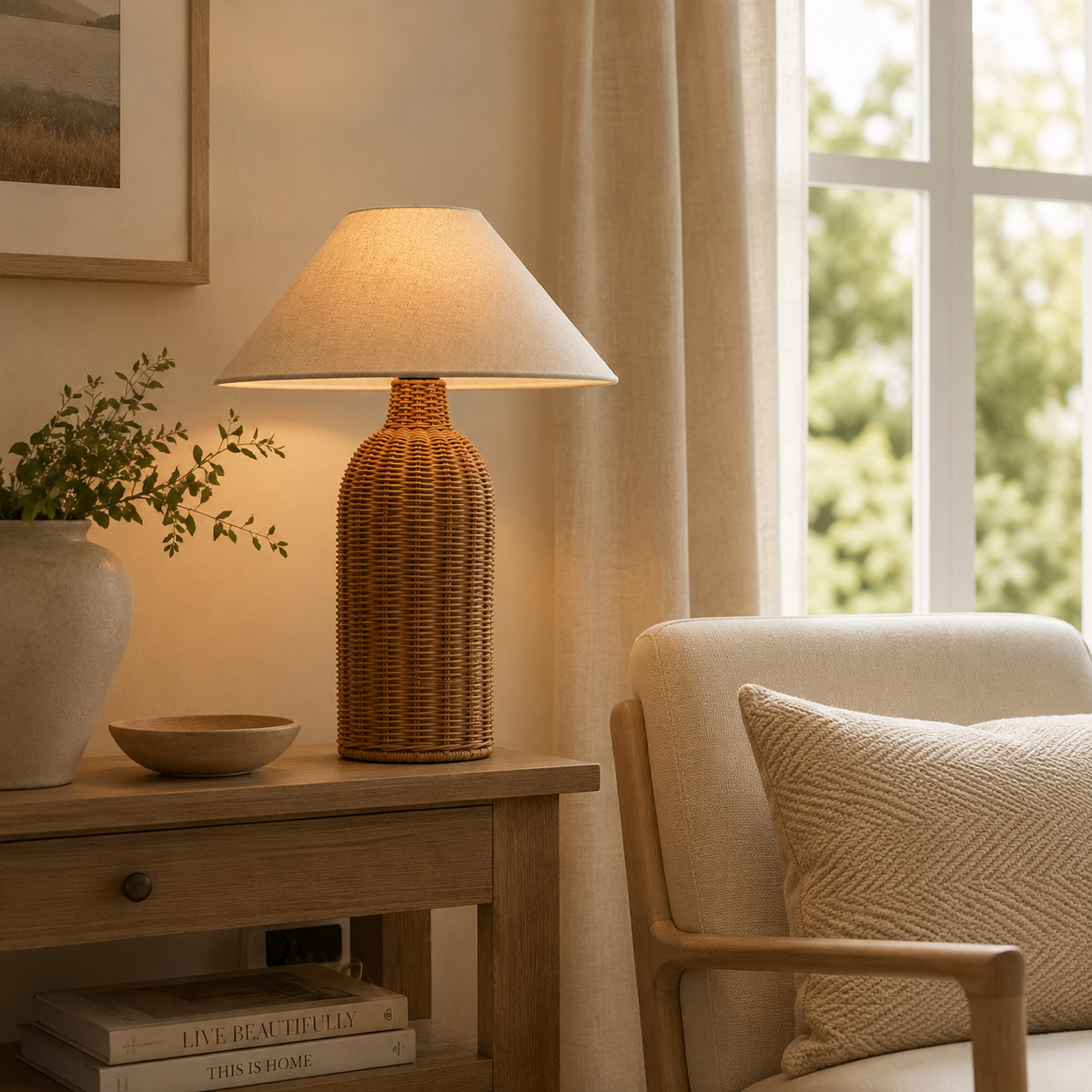 Amelie Bedside Table Lamp on a side table in a living room