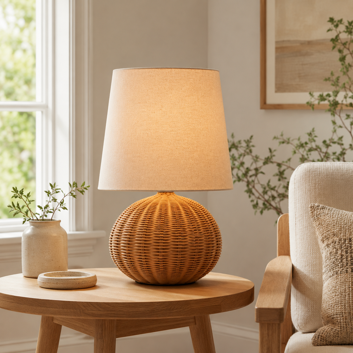 Mara Bedside Table Lamp on a side table in a living room
