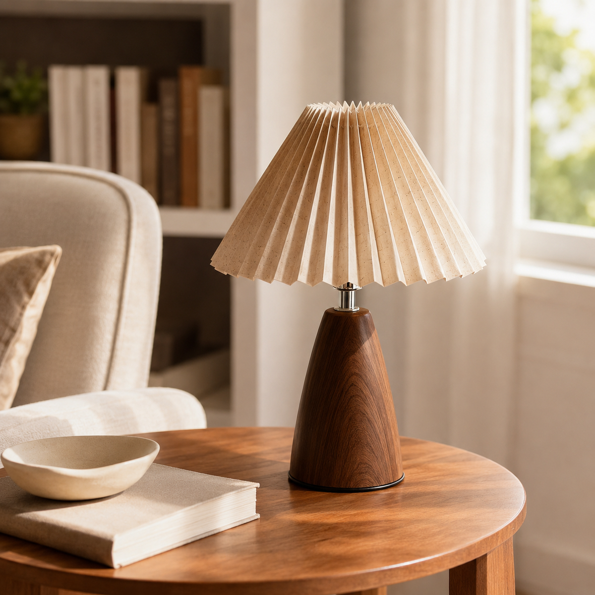 Delia Bedside Table Lamp on a side table in a living room
