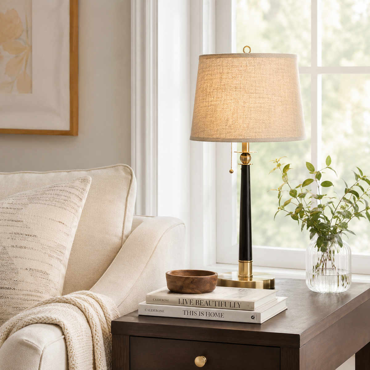 Romy Bedside Table Lamp on a side table in a living room