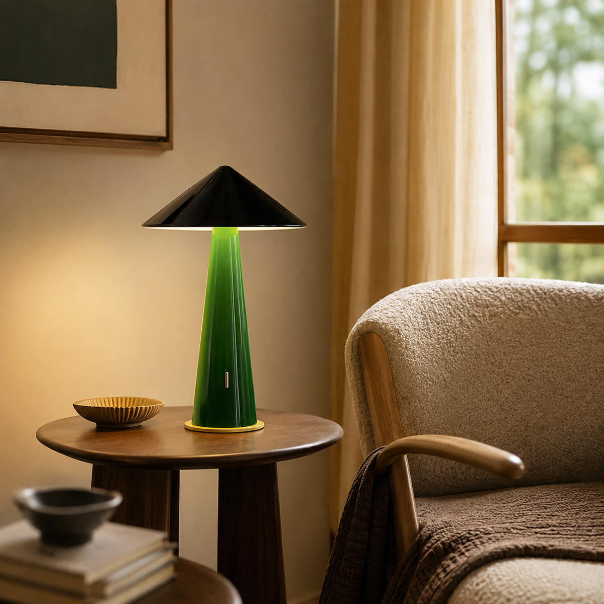 Maelle Sculptural Table Lamp on a side table in a living room