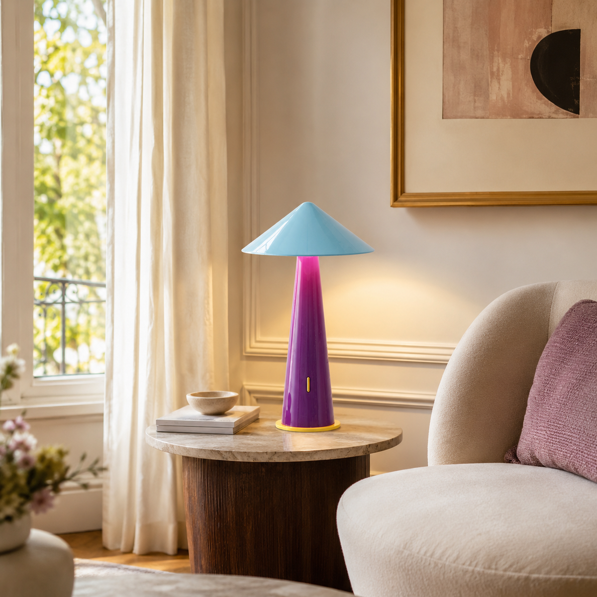 Evie Sculptural Table Lamp on a side table in a living room