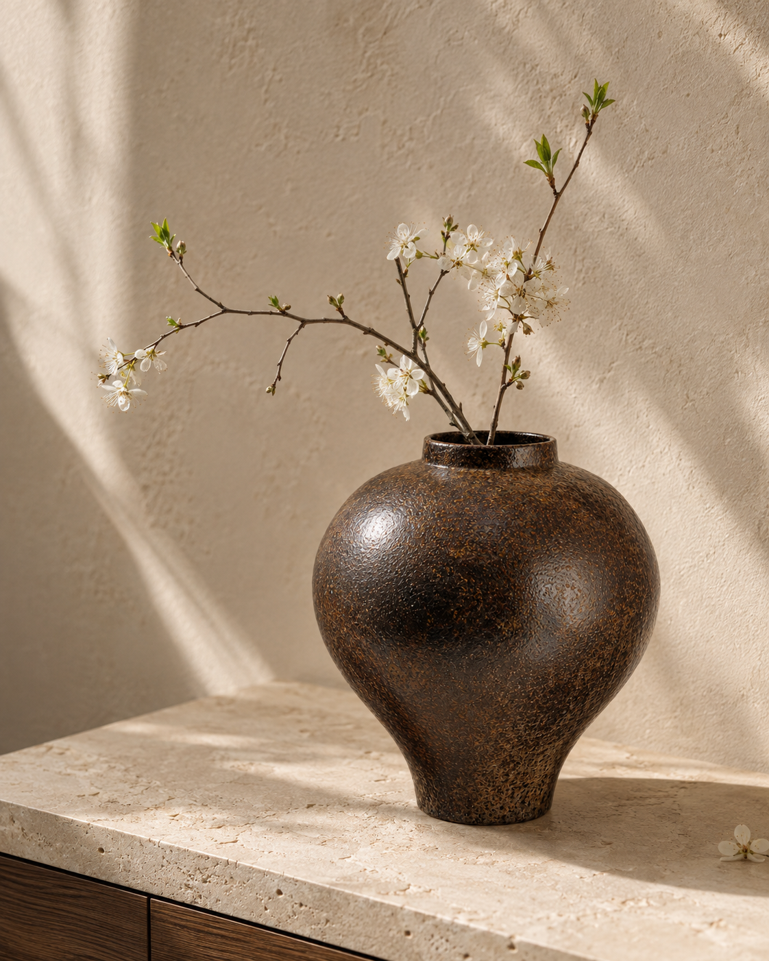 Sora Umber Vase with stems on a tabletop