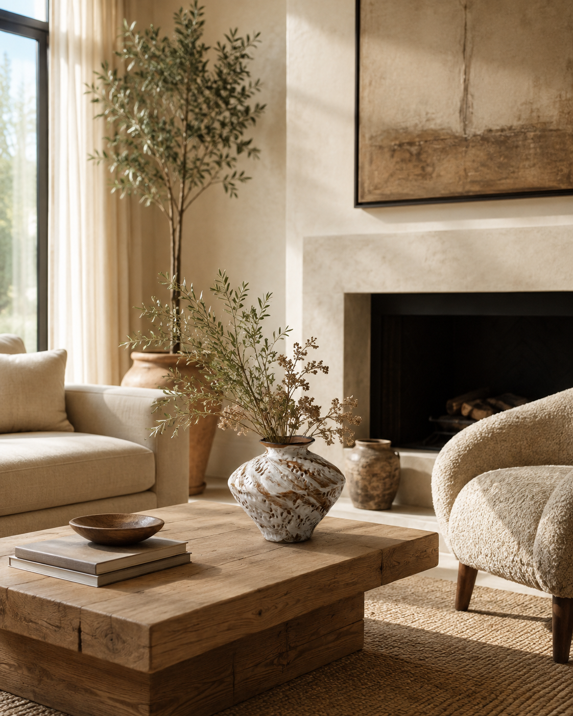 Thea Feather Vase on a coffee table in a living room