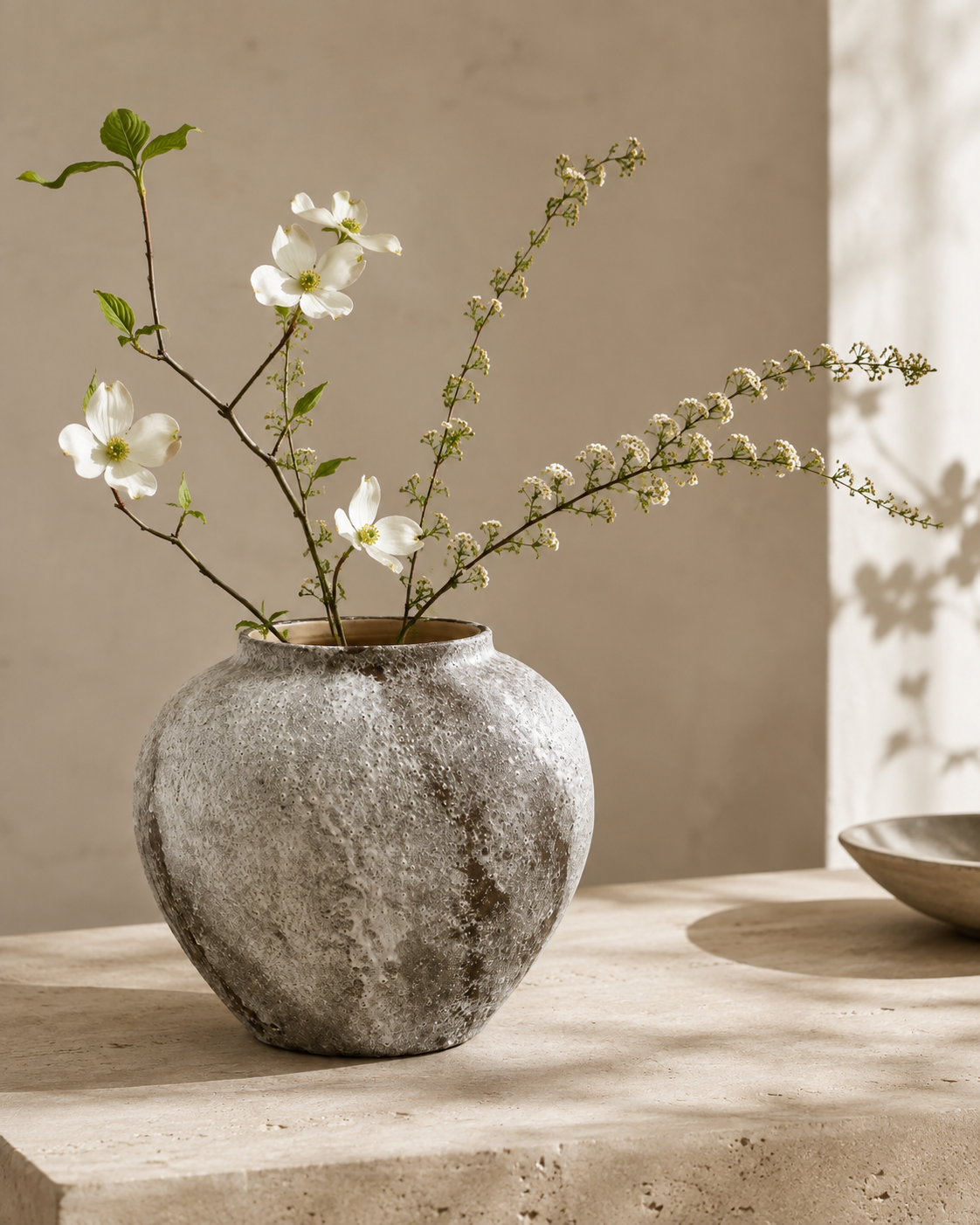 Sora Patina Vase with stems on a tabletop