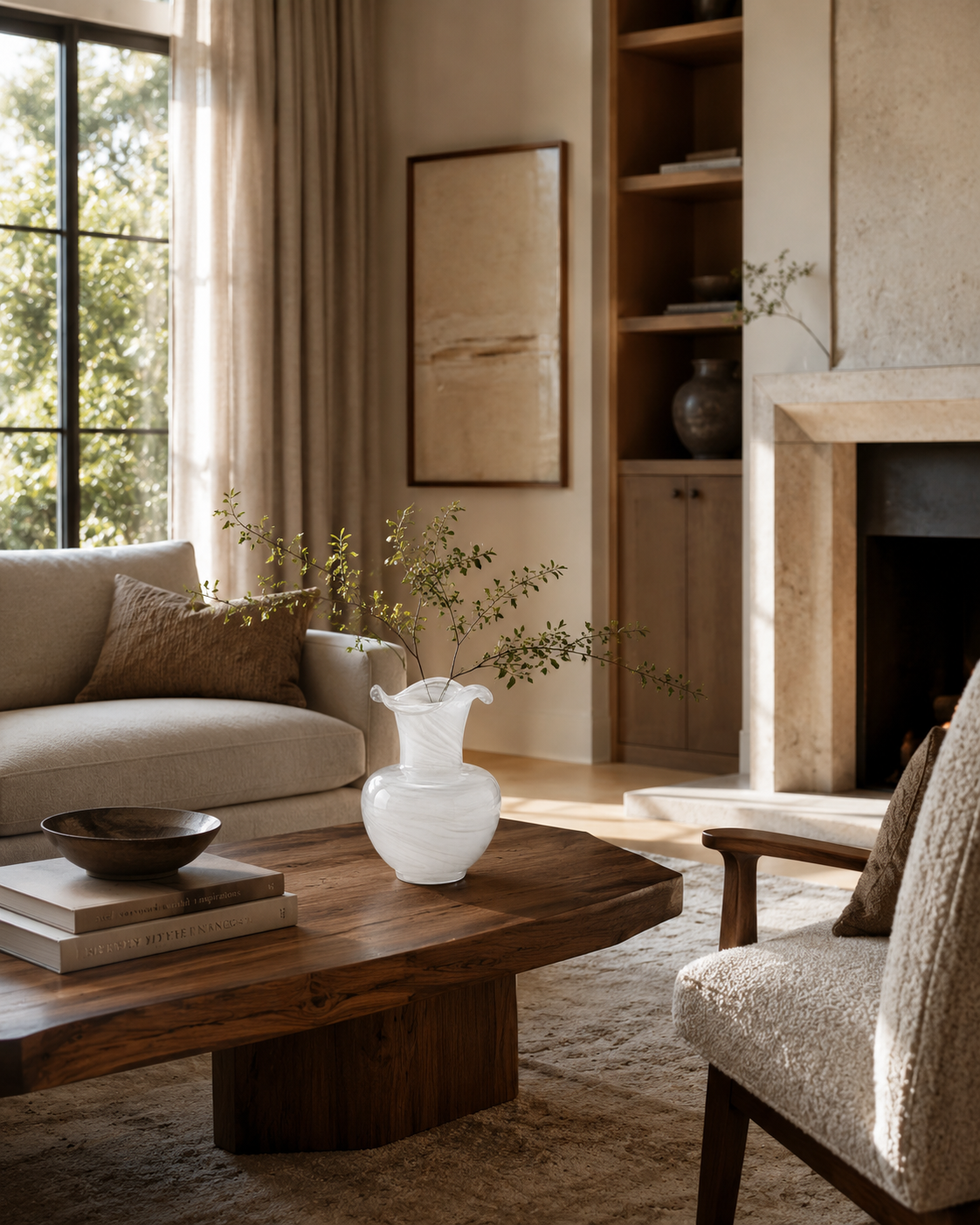 Sora Swirl Vase on a coffee table in a living room