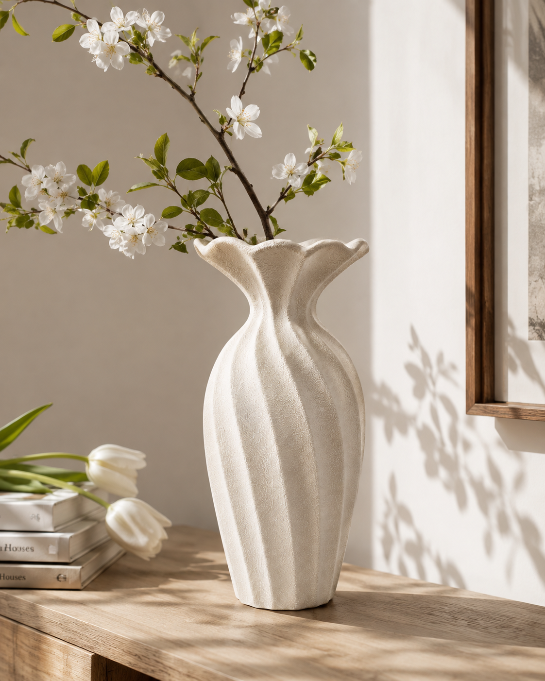 Thea Twist Vase with stems on a tabletop