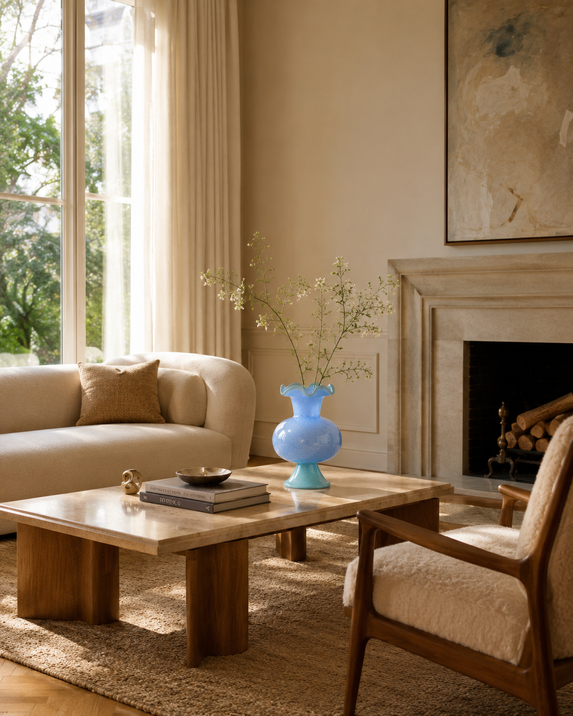 Nela Azure Vase on a coffee table in a living room