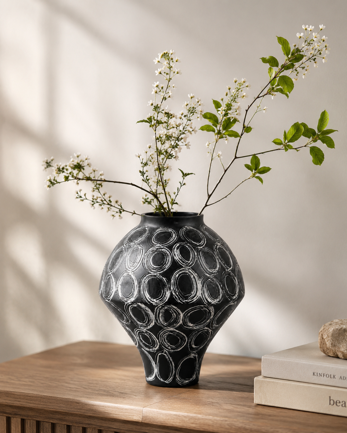 Sora Circle Vase with stems on a tabletop