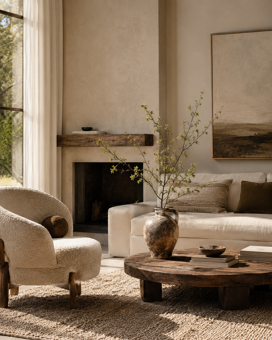 Evia Handle Vase on a coffee table in a living room