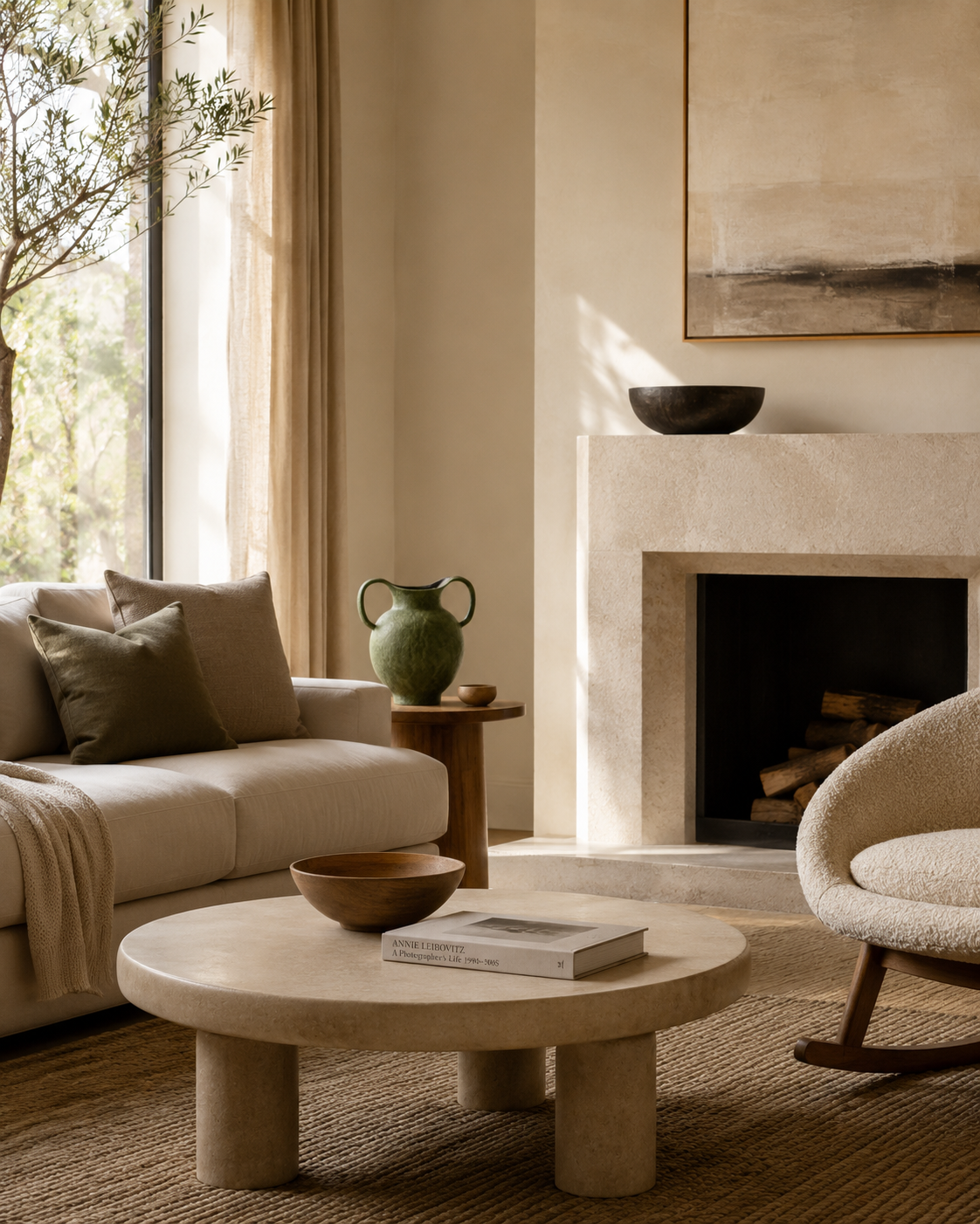 Olia Olive Vase on a coffee table in a living room