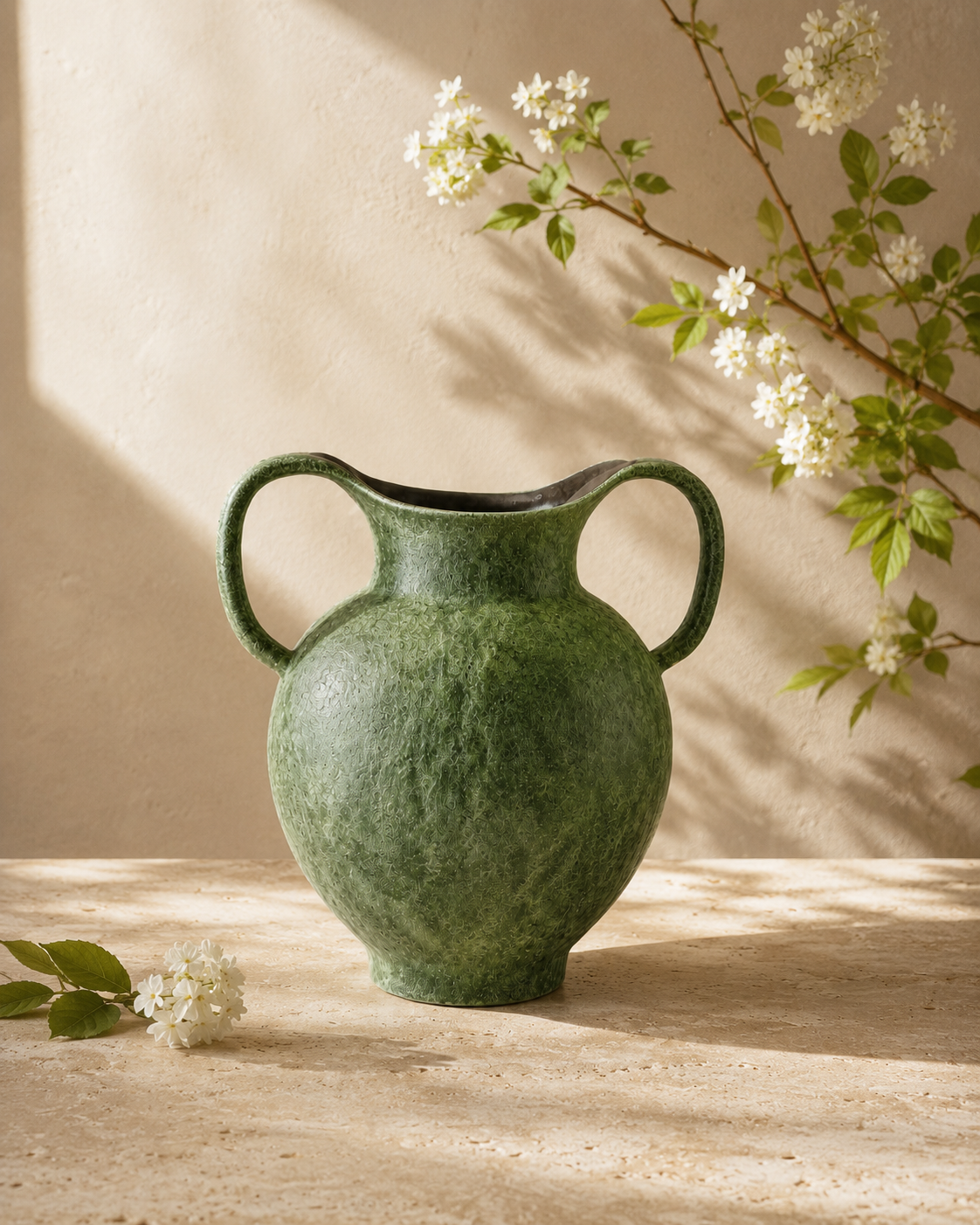 Olia Olive Vase with stems on a tabletop