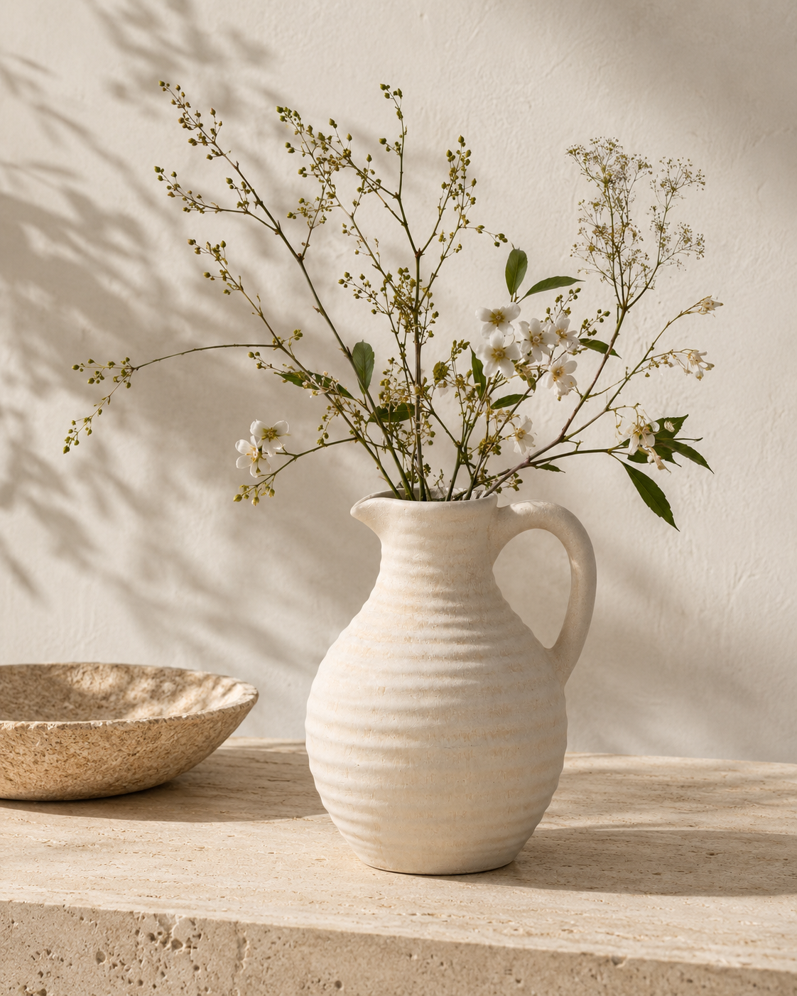 Alea Pitcher Vase with stems on a tabletop