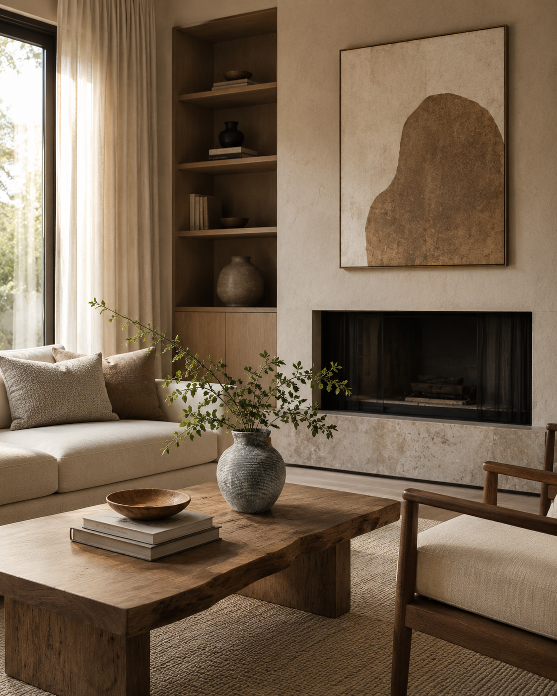Riva Charcoal Vase on a coffee table in a living room