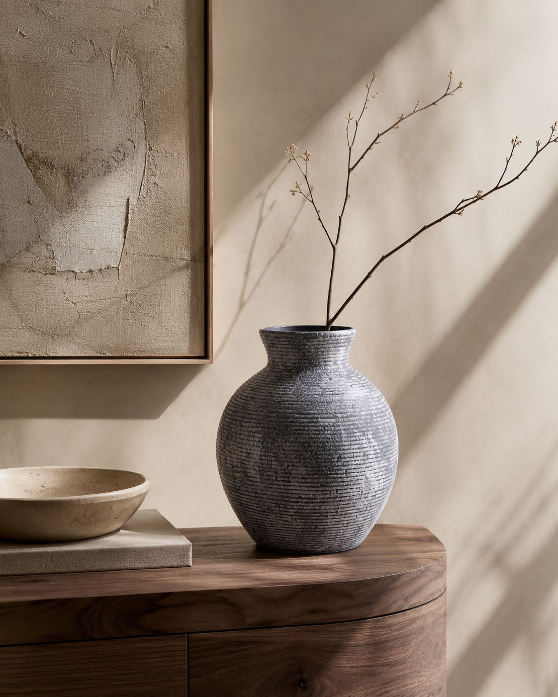 Riva Charcoal Vase on a console