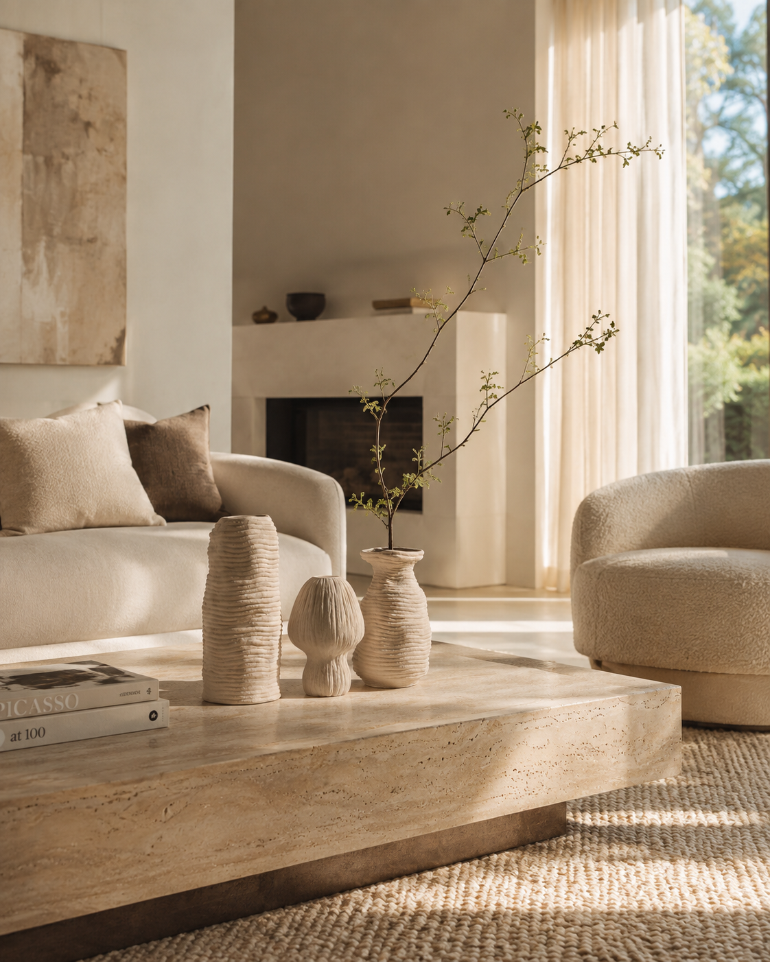 Evia Ripple Vase on a coffee table in a living room