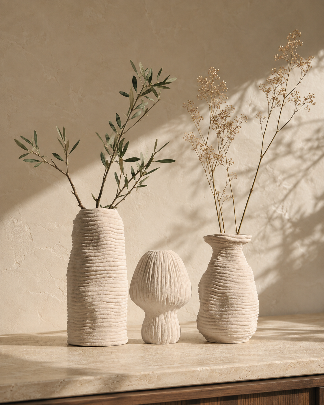 Evia Ripple Vase with stems on a tabletop