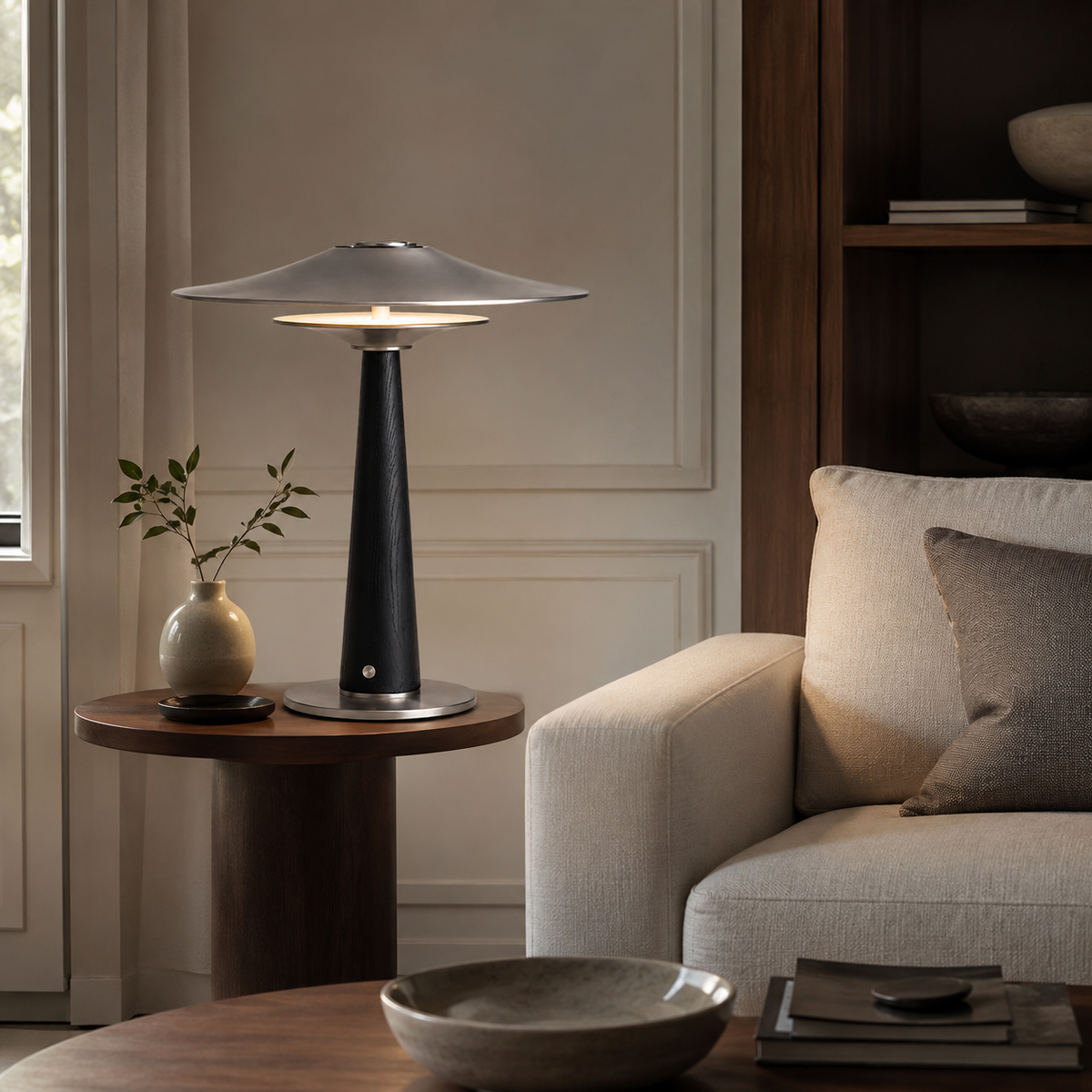 Vienne Sculptural Table Lamp on a side table beside an armchair
