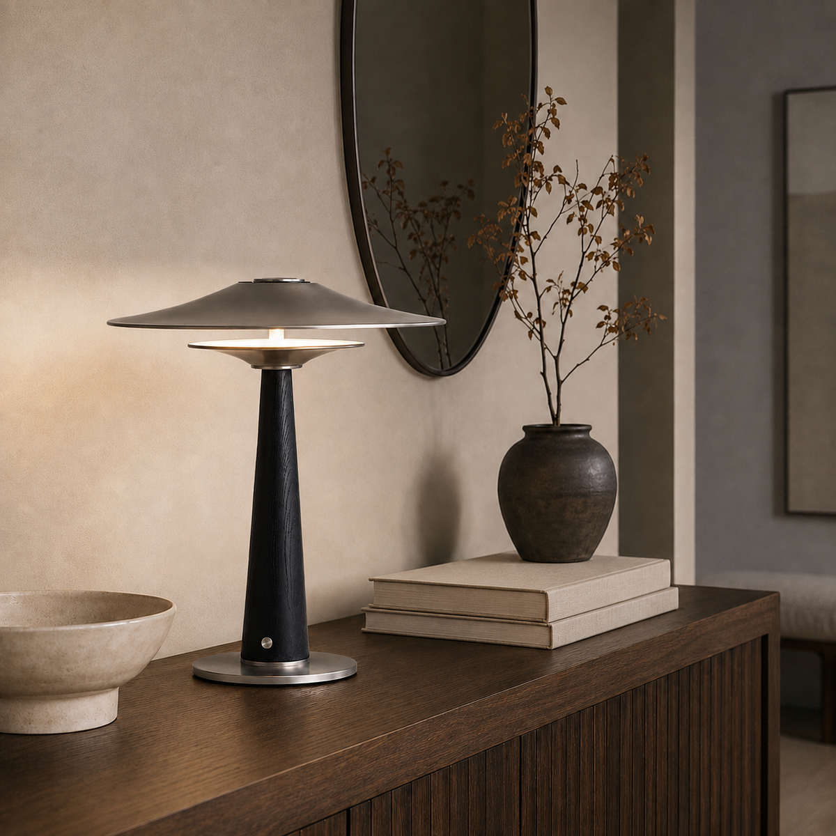 Vienne Sculptural Table Lamp on a console beneath a mirror