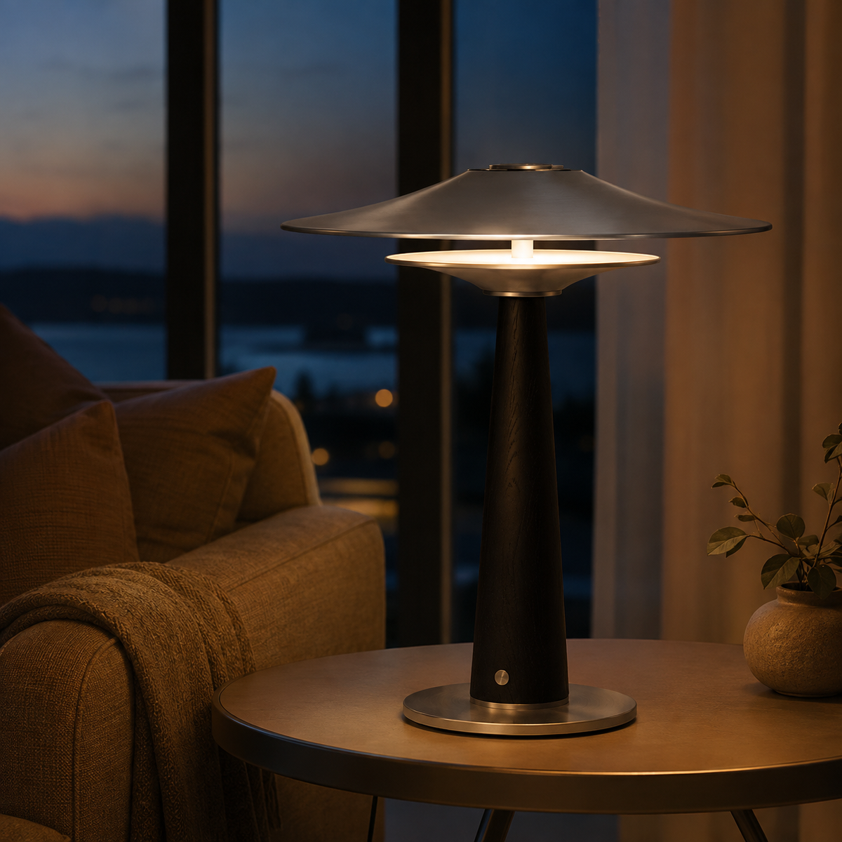 Vienne Sculptural Table Lamp glowing on a side table at night