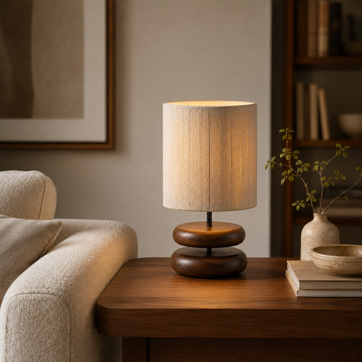 Sienna Sculptural Table Lamp on a side table beside a seat